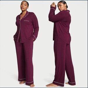 VS Heavenly Super Soft Modal Long Sleeve Pajama Set, Burgundy/Wine, Large Petite